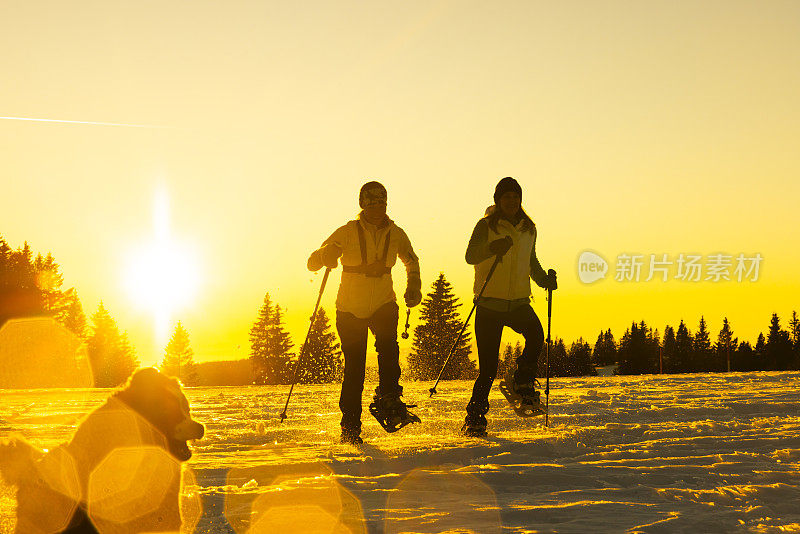 滑雪者带着宠物狗在雪坡上奔跑的剪影