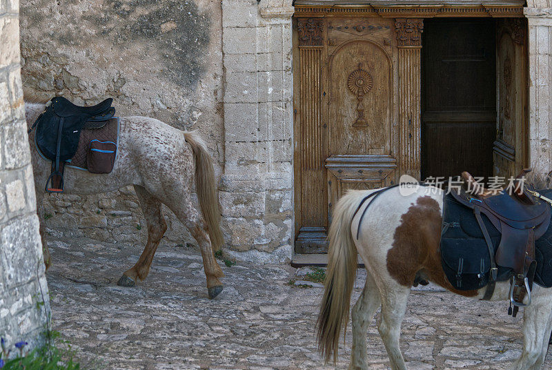 马匹穿过中世纪的村庄