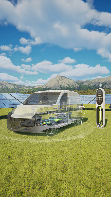 带太阳能电池板的电动汽车充电站的厢式车充电