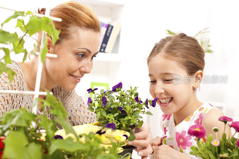 母亲和女儿盆栽植物