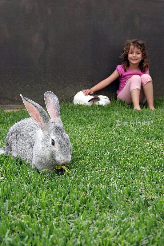 两只小兔子和一个微笑的女孩