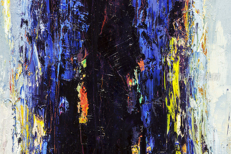 抽象绘画以蓝、黄、黑为艺术背景。