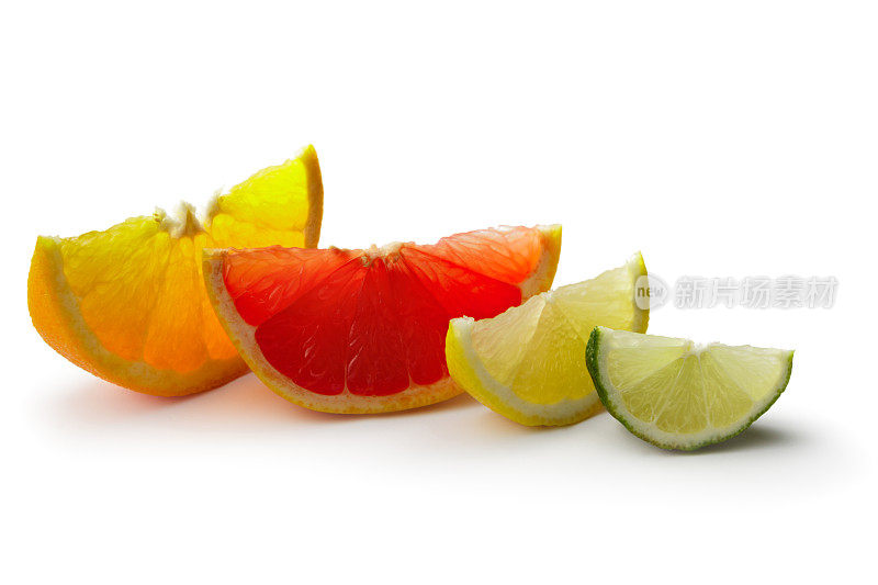 水果:橙子，葡萄柚，柠檬和酸橙，在白色背景上分离