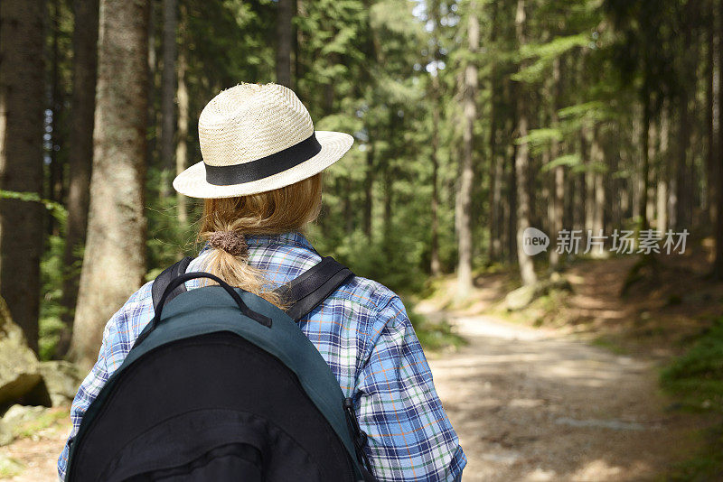 在树林里徒步旅行的女人