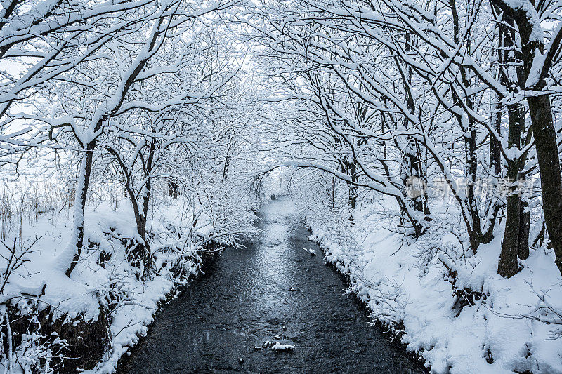 冬季河流景观与飘落的雪