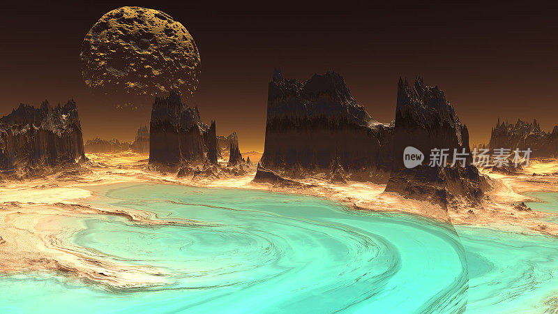 幻想外星球。岩石和湖