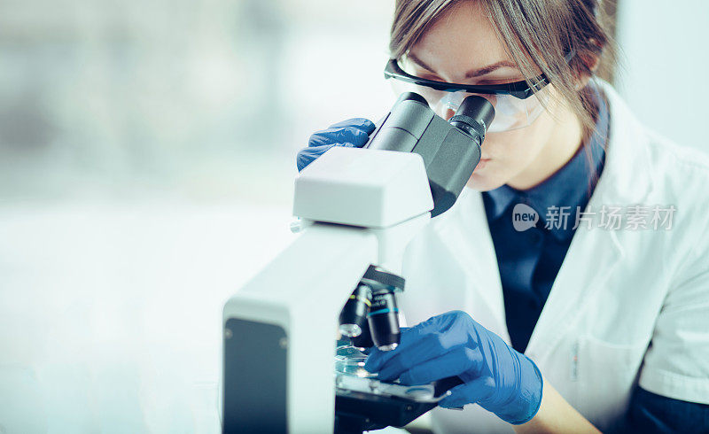 在实验室里透过显微镜观察的年轻科学家。年轻的科学家正在做一些研究。