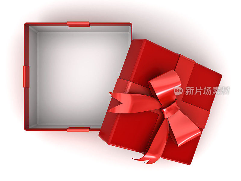 打开红色礼盒或带有红色丝带蝴蝶结的礼盒，盒子内留出空白，以白色背景和阴影隔开。三维渲染
