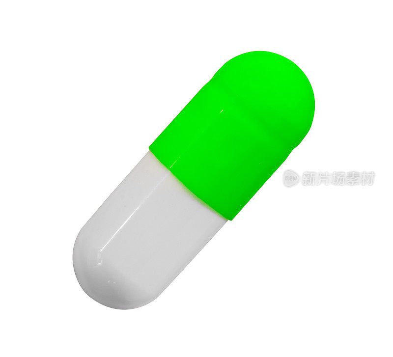 一个带有绿色帽的凝胶胶囊孤立在白色背景上，俯视图