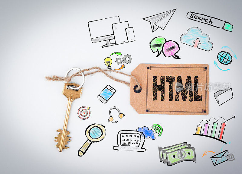 HTML计算机编码，网站概念。主调和音符在白色背景上