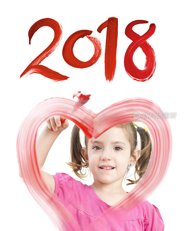 金发小女孩在窗户上画着2018年的颜色