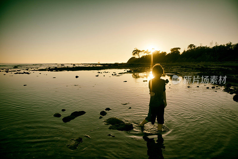 日落时分，圣巴巴拉潮池的孩子们