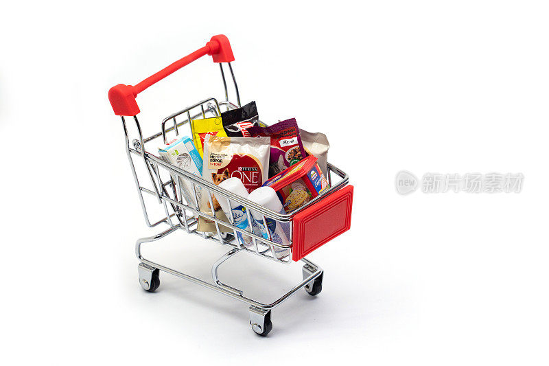 食物的篮子里。在店里买东西。的必需品。