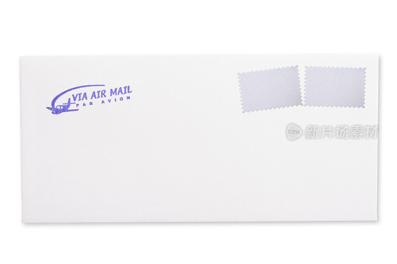白色空邮信封附两枚空白邮票，背景为白色
