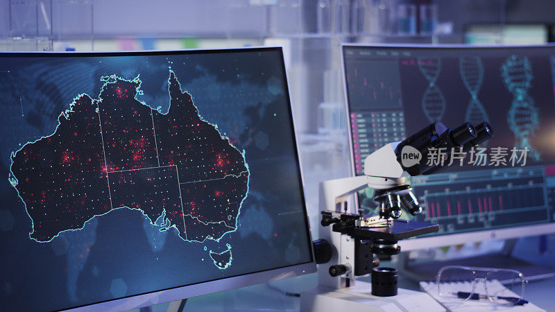 未来实验室。病毒在澳大利亚地图上传播。扫描DNA突变