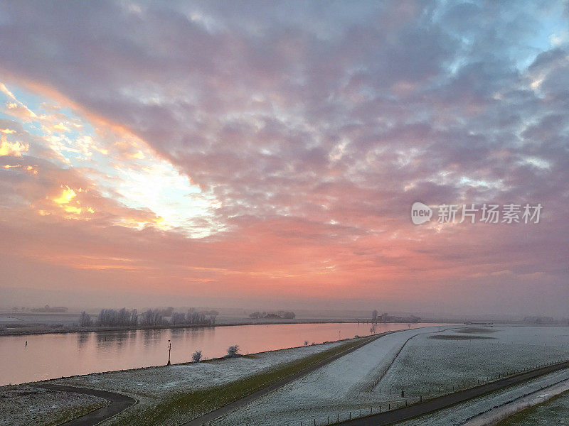 冰冻的冬季河流IJssel风景与美丽的日落