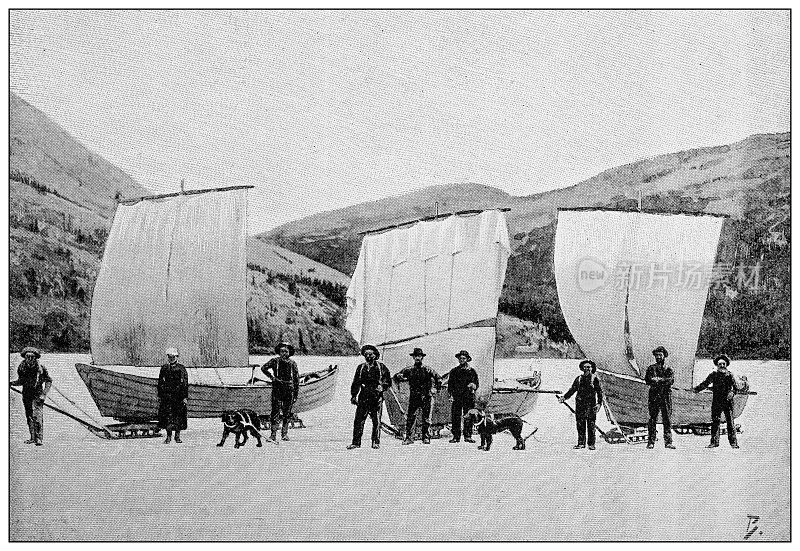 古董黑白照片:克朗代克淘金热，拉贝格湖