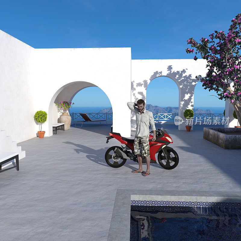 一个男人站在一辆摩托车旁边的插图在一个广场旁边的游泳池。