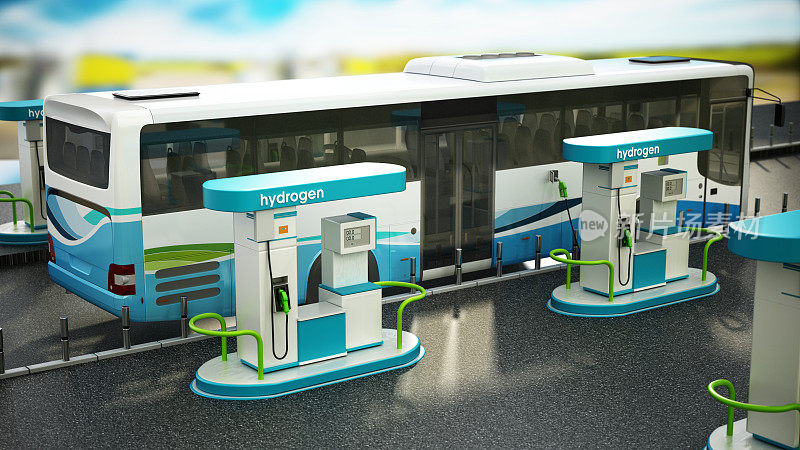 假想的加氢站，一辆正在充电的城市巴士