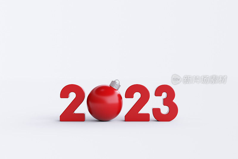 红色2023和白色背景下的红色圣诞球