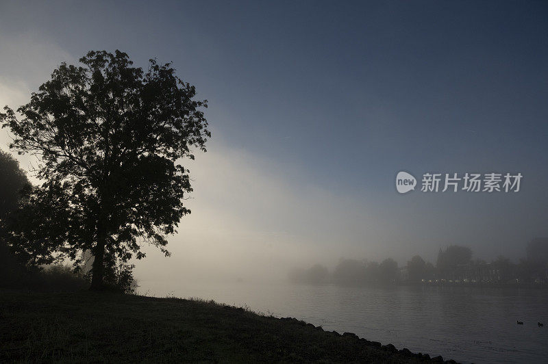 在一个雾蒙蒙的秋天早晨，Kampen的IJssel河的河岸