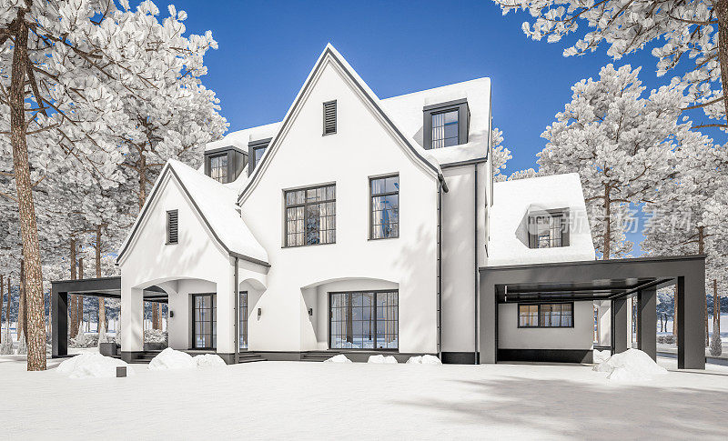 白色和黑色的现代都铎王朝的房子在冬季的3d渲染