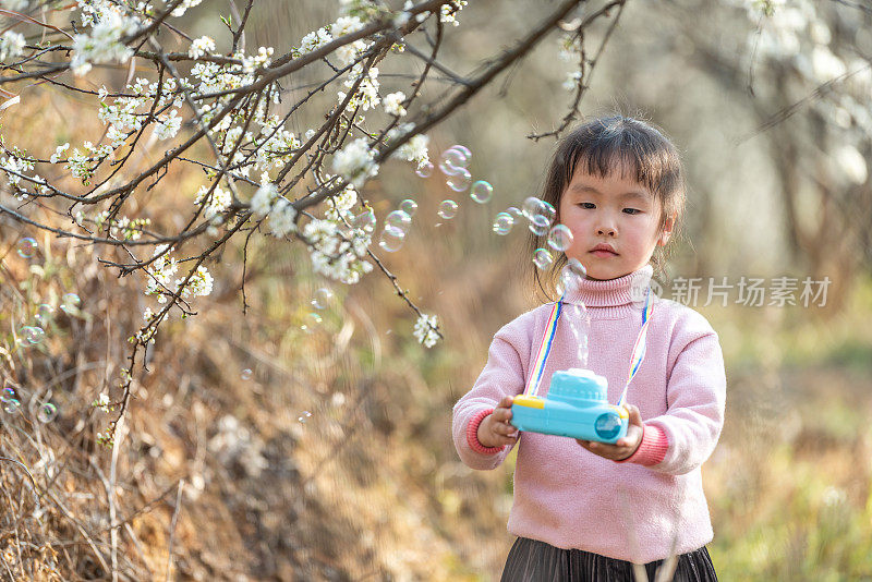 一个小女孩在森林里走，手里拿着一个玩具