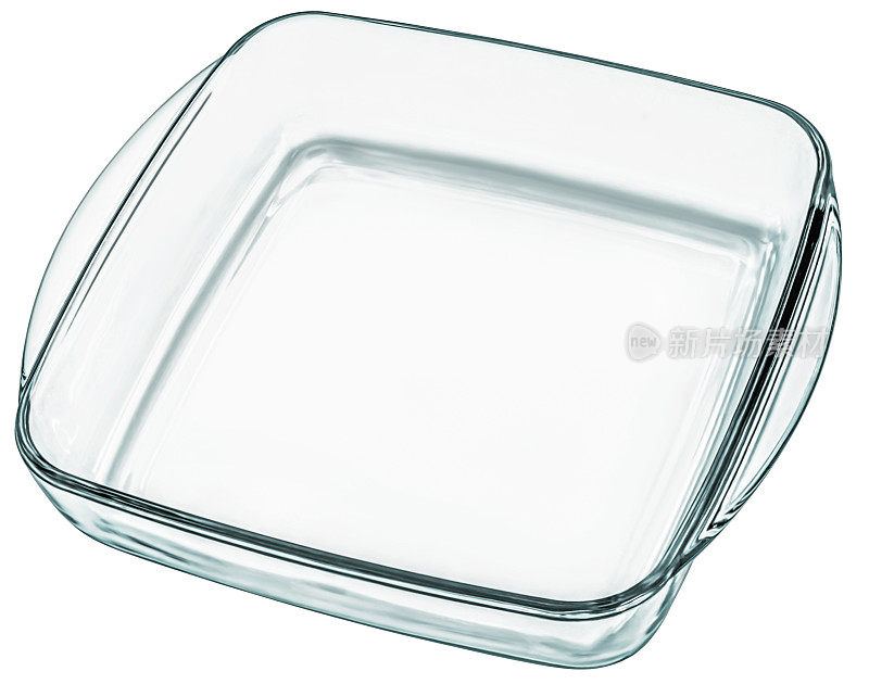 大圆形方形透明玻璃蛋糕烤盘处理孤立的白色背景