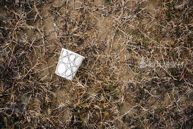 杯子:扔在地上的塑料或纸杯环境污染概念。
