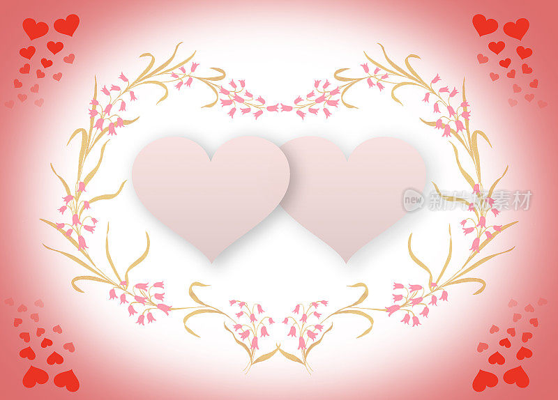框架与红色粉红色的心在绿叶和花蕾。情人节贺卡，生日贺卡。
