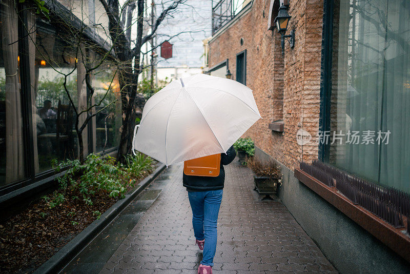 日本一名小学女生在下雨天背着一个“随机”书包的后视图