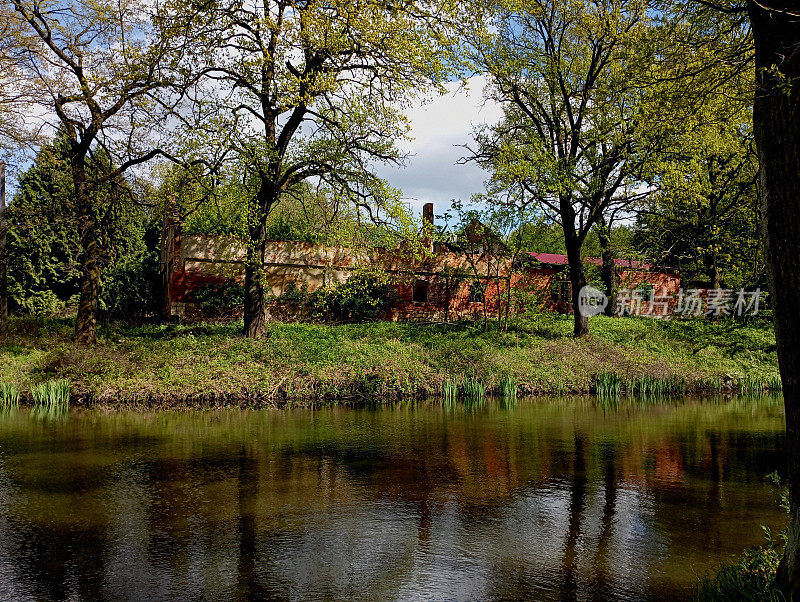 在风景如画的池塘对岸，树木和灌木丛的后面，有一座被毁坏的红砖建筑。美丽的湖景和古老的建筑。