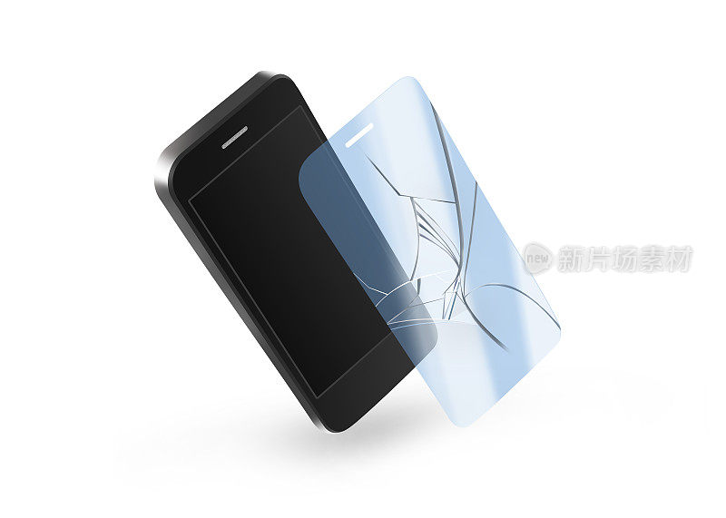 手机破碎带屏幕的保护玻璃。智能手机显示