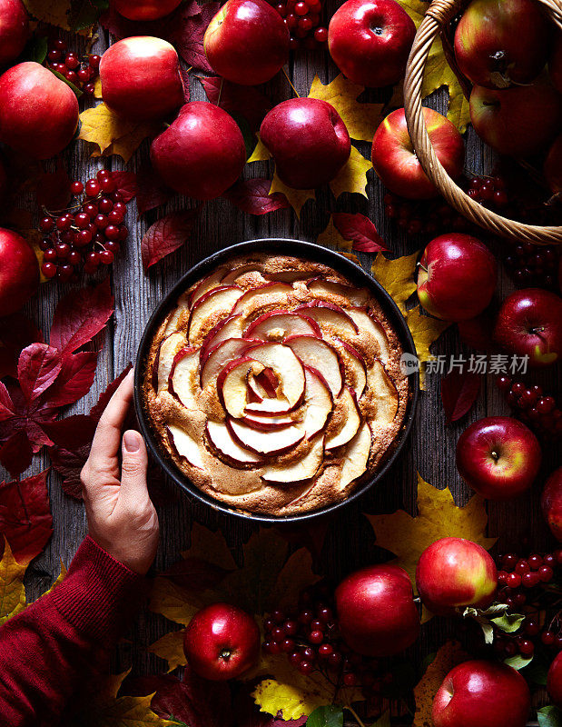 苹果派蛋糕用切片装饰在烤盘上，以木为背景的红苹果。