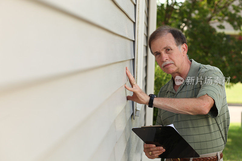 成年男性拿着夹板检查住宅的乙烯基墙板