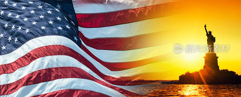 美国国旗和自由女神像一起飘扬