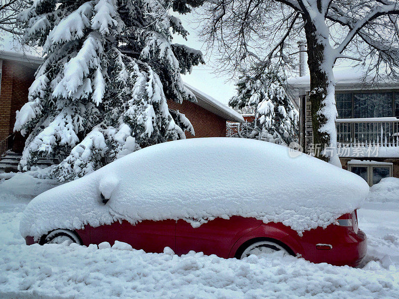 蒙特利尔暴风雪后街道上被雪覆盖的汽车