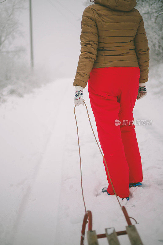 女孩在森林里散步，拉雪橇。一个开心的女人。圣诞假期。女孩免费休息。圣诞树躺在雪橇上。美丽的年轻女孩或女人在森林里散步。拉木制雪橇