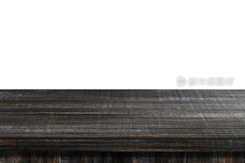 空的深色古董木桌孤立的白色背景，产品显示蒙太奇