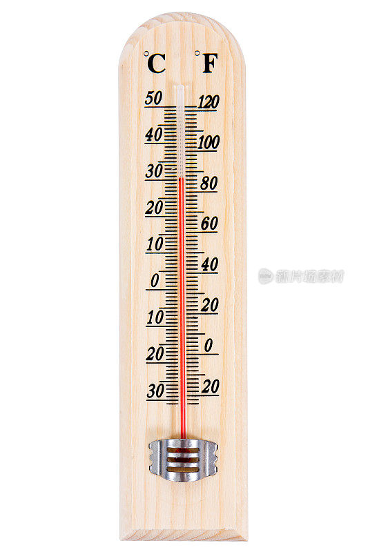 木制温度计孤立在白色背景上。木头温度计孤立
