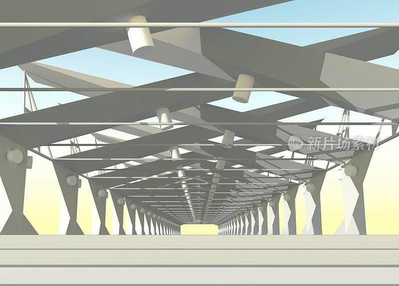 开放式建筑结构的3D渲染。现代建筑，如机库、车库或火车站。