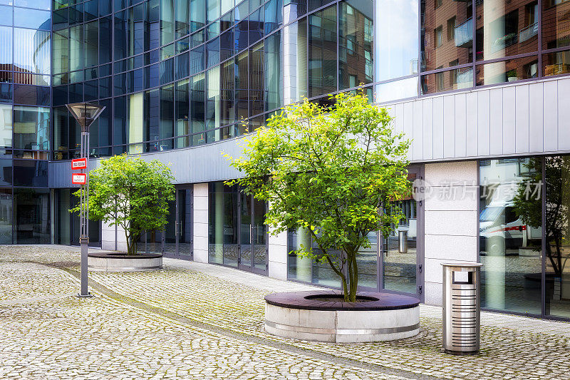 波兰格但斯克市中心的办公楼玻璃幕墙前的绿树
