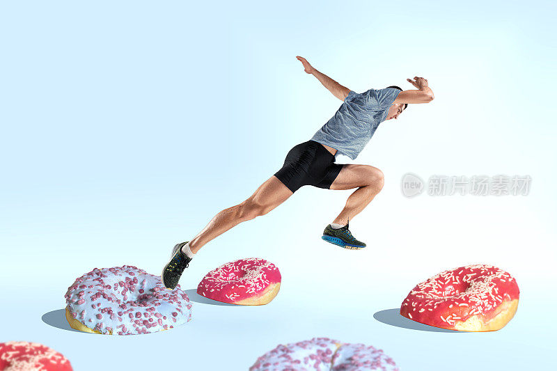 健身和饮食概念-甜甜圈和跑步人，减肥目标