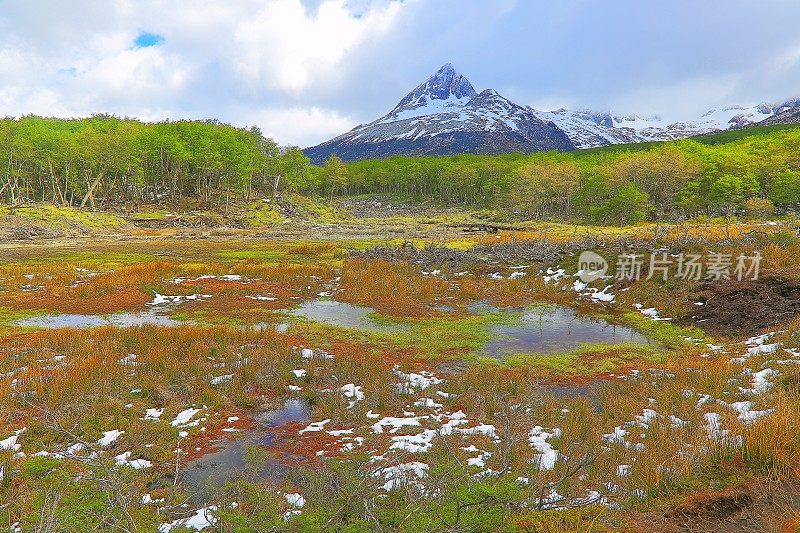 田园诗般的雪山安第斯景观，乌斯怀亚-火地岛，阿根廷