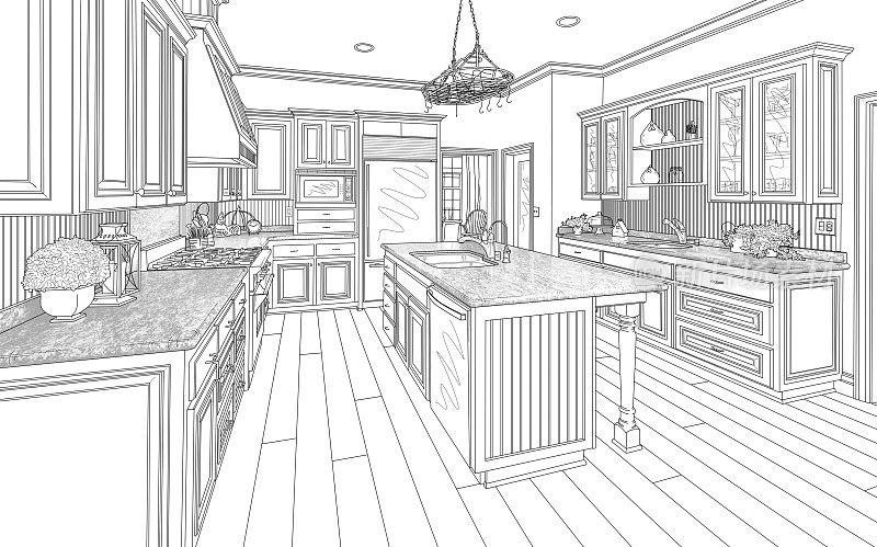 黑色定制厨房设计图纸上的白色