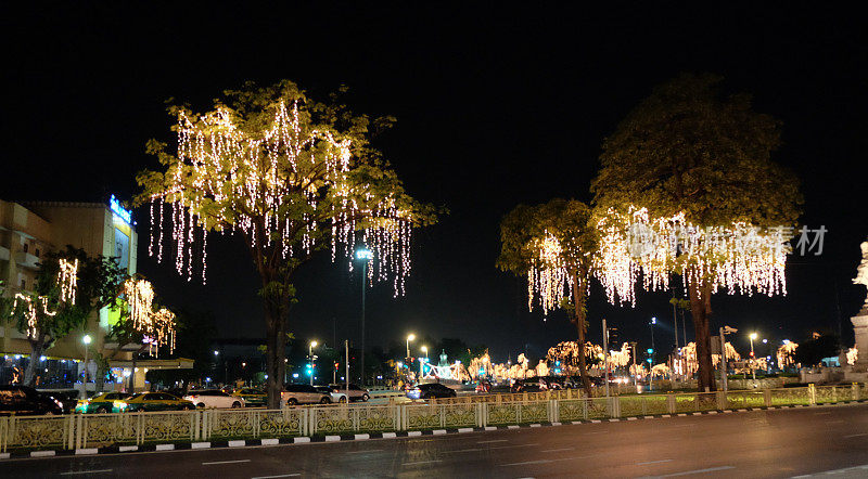 夜晚，装饰着节日彩灯的圣诞树沿着城市道路生长。