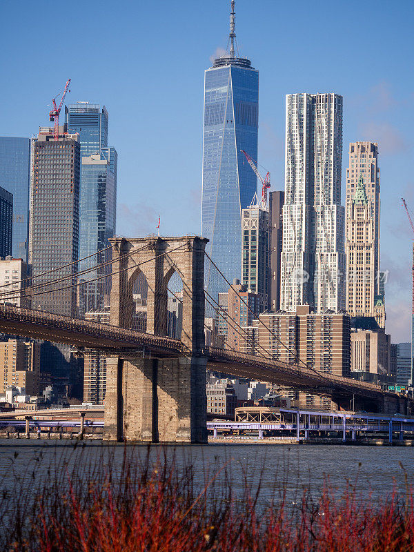 布鲁克林大桥，背景是世界贸易中心一号大楼