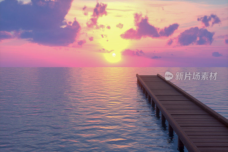 海上木桥桥墩，夕阳西下