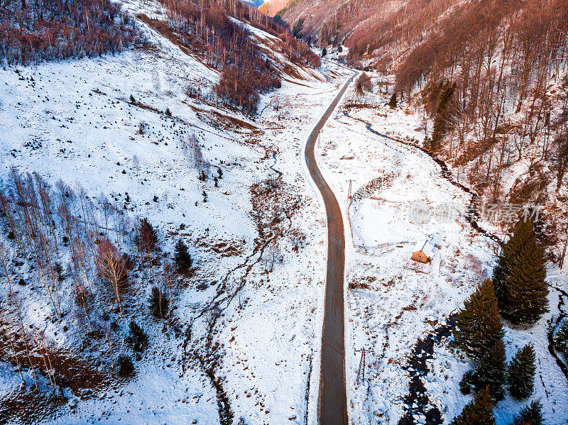 鸟瞰雪山中的荒野公路