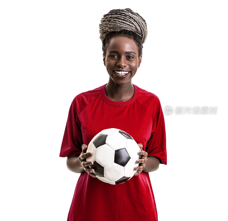 足球非洲年轻女子庆祝红色制服孤立在白色背景